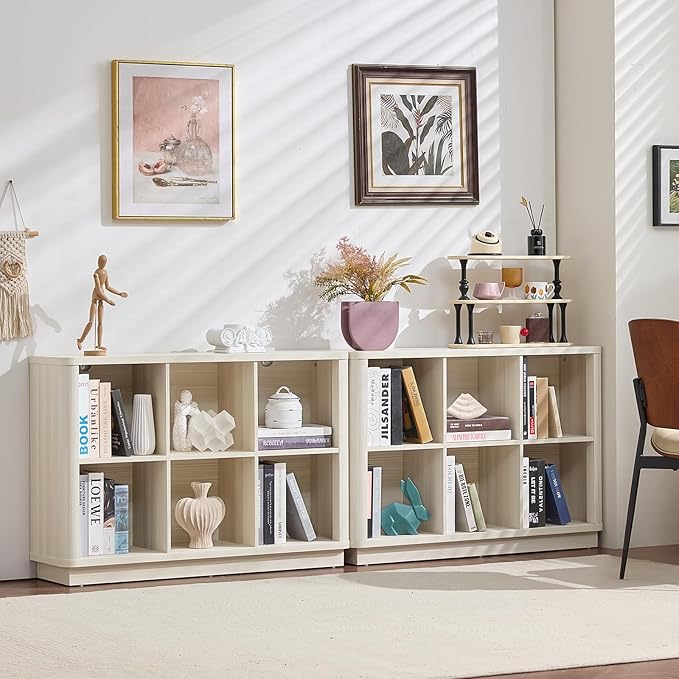 Joaxswe 6 Cube Bookcase, 40" Wide Horizontal 2-Tier Book Shelf w/Curved Edge, Wood Low Floor Standing Bookshelf with Base, Modern Short Storage Organizer for Living Room,Office, Gray-White Cream Oak