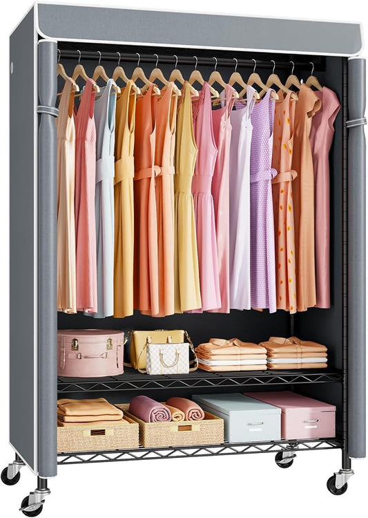 P6C Plus Rolling Clothes Rack with Cover, Covered Clothing Rack | Portable Closets for Hanging Clothes, Heavy Duty Garment Rack on Wheels, Black Closet Rack with Gray Cover, Max Load 375LBS