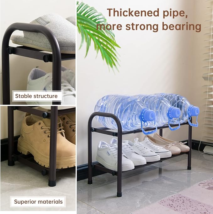 Gonfoam Expandable 2-Tier Shoe Rack for Closet and Entryway, Bronze | Tool-Free Assembly, Metal Material, Adjustable Shoe Organizer, Sturdy, Small Space Solution, Dorms, Garages, Apartments.