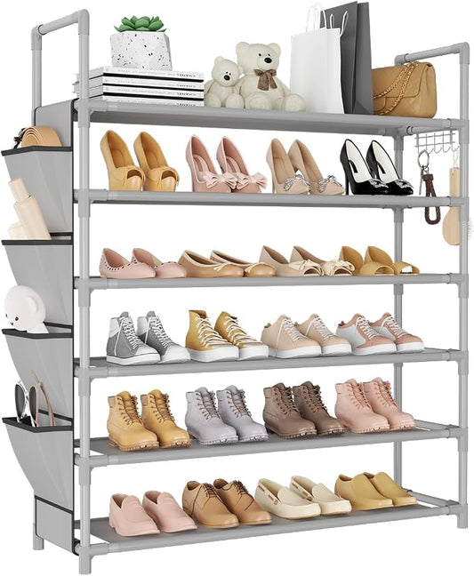 LANTEFUL 6 Tier Shoe Rack Storage for 24-30 Pairs Shoe and Boot, Shoe Organizer with Hook and Side Pocket Free Standing Long Shoe Shelf Tall Shoe Rack Organizer for Closet, Entryway, Dorm, Grey