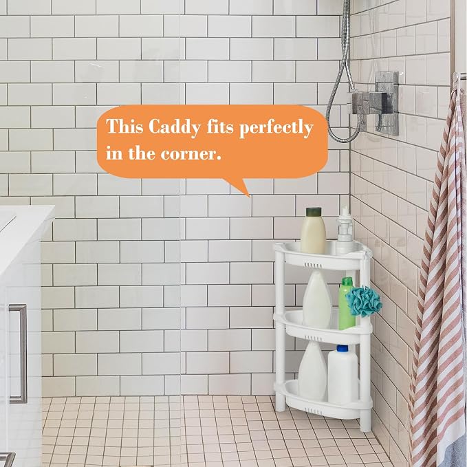 ELYKEN Corner Shower Caddy Standing, 3 Tier Plastic Shower Organizer, White | Rustproof Plastic Shower Shelves with Hook for Storing Bath Essentials in Bathroom corner, Bathtub
