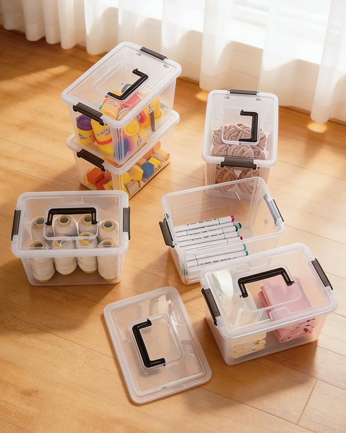Citylife 8 Packs 6 QT Plastic Storage Bins with Latching Lids Clear Storage Box with handle Stackable Storage Containers for Organizing Snacks, Crafts, Toys, Tools