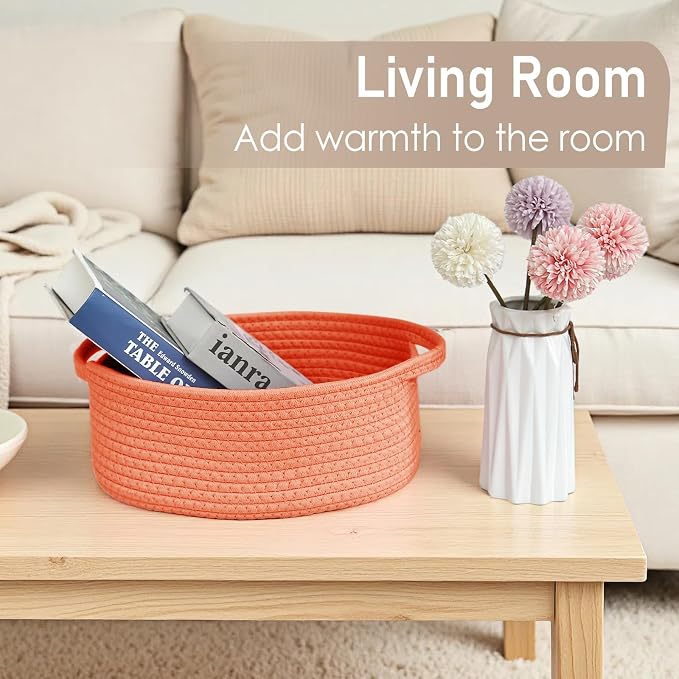 JMvicyroam Small Woven Basket, Empty Gift Basket, Orange/2 Pack | Small Gift Basket, Cotton Rope, 12 x 8 x 16 in, Handles, Includes Ribbon and Bag, Birthday Gift Basket
