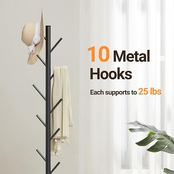 ELYKEN Coat Rack Freestanding, Metal Coat Rack with Natural Marble Base | 10 Hooks, 3 Adjustable Heights, Heavy Duty Coat Tree for Entryway, Hallway, Bedroom, Office, Black