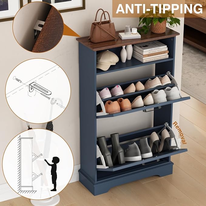 24" W Hidden Shoe Storage Cabinet with 2 Flip Drawers & Open Storage | Farmhouse Modern Shoes Rack Cabinet,Adjustable Shelves, Narrow Slim Shoes Organizer for Entryway,Foyer,Hallway,Navy Blue