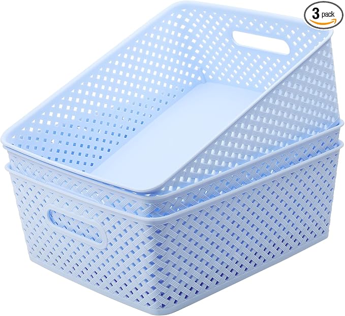MaxGear 3 Pack Plastic Storage Baskets, Large, Blue | Durable Woven Plastic with Built-In Handles, Suitable for Shelves, Closets, Cabinets, Bathrooms and Offices