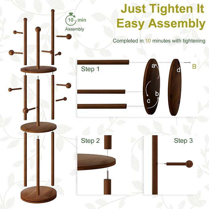 FROMJBEST Coat Rack Freestanding, Coat Tree Entryway, Mid-Century, Walnut | Freestanding, Solid Wood, 9 Hooks & 3 Shelves, for Entryway, Hallway, Bedroom, Living Room, Office, Holds Bags, Hats, Purses