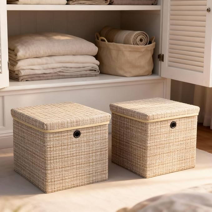 modscape 12x12x12 Collapsible Fabric Cube Storage Bins with Lids | Clothes storage bins for shelves, closet, bedroom. Decorative boxes with lids, treasure box for classroom(Shining Beige, 4)