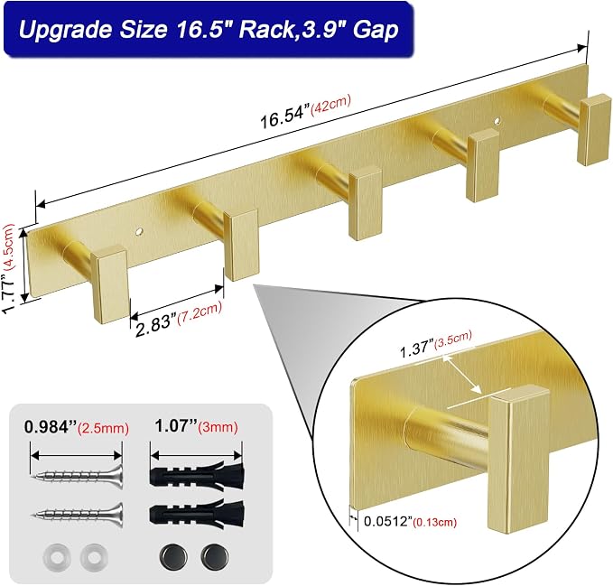 Bntuk Coat Rack Wall Mount - 5 Hat and Coat Hooks, Heavy Duty Towel Racks for Bathroom Entryway, Wall Hooks for Hanging Robes Bags, Hat Rack Key Hanger Organizer (Gold)