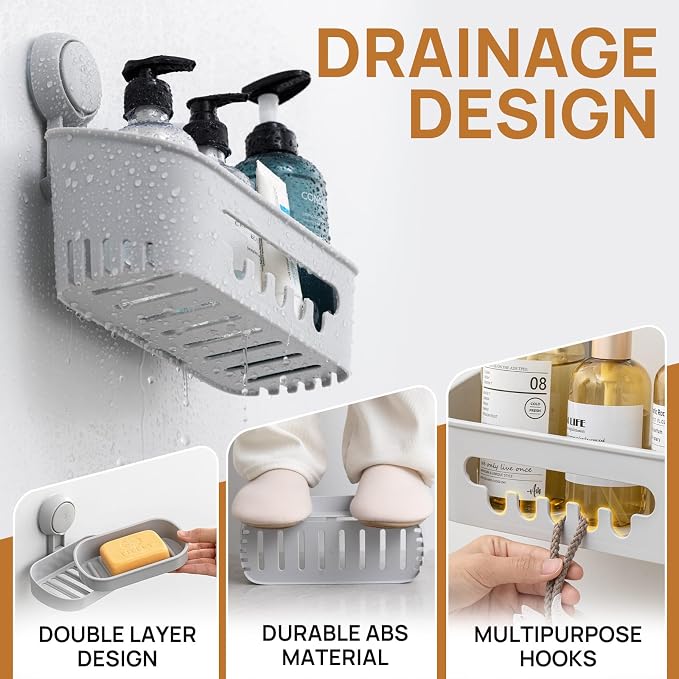 LEVERLOC Shower Caddy Suction Cup Set Shower Organizer & Soap Holder, Grey | Toothbrush Holder, Bathroom Shelf Basket NO-Drilling, Removable Suction Storage, Waterproof Bathroom Caddy