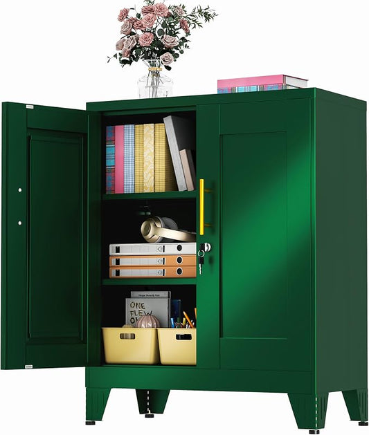 GAIOUS 36" Tall Metal Storage Cabinet with Lock, File Cabinet with 2 Doors and 2 Adjustable Shelves, Green Bathroom Floor Storage Cabinets, Freestanding Small Locked Cabinets for Home/Office/Garage