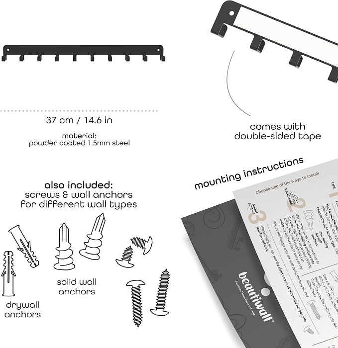 Sturdy Steel Wall Key Holder XL - 10 Hooks. Metal and Wooden Key Hanger with Hooks for Car, Apartment, Storage, Keys