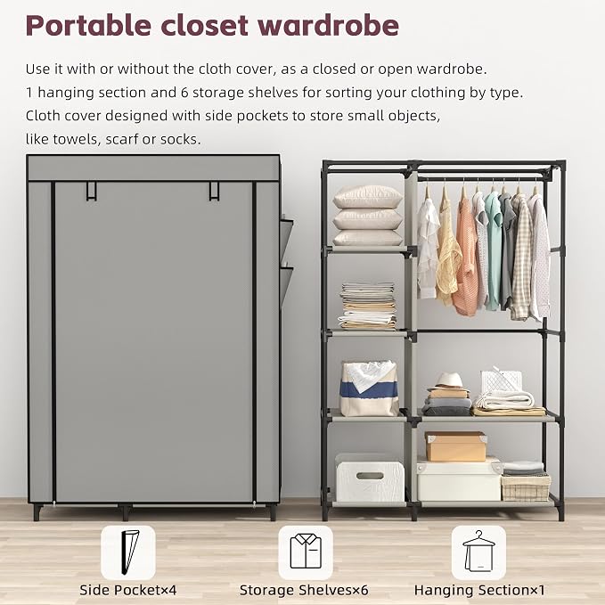 Calmootey Portable Closet Organizer, Space-Saving Storage System for Home | Sturdy Rod for Coats, 6 Shelves for Folded Clothes, 4 Side Pockets for Small Items, Non-Woven Dustproof Cover, Grey