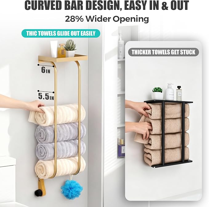 31" Towel Racks for Bathroom, Heavy-Duty Stainless Steel Holds 6 Large Rolled Towels,Wall Mounted Towel Holder with Shelf & Hooks,Extra-Wide Opening Wall Storage for Small Bathroom, Brushed Gold