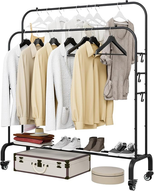 SUOERNUO Clothes Rack with Lockable Wheels Double Rods Metal Garment Racks | Portable Heavy-Duty Clothing Rack with Bottom, Rolling Clothes Shelves for Bedroom Laundry Living Room, Black