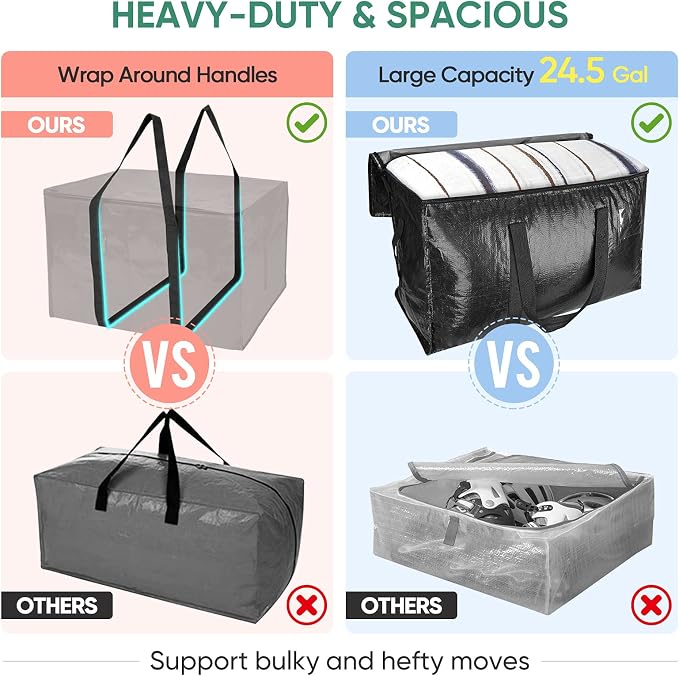 BALEINE 8-Pack Oversized Moving Bags with Reinforced Handles, Heavy-Duty Storage Tote for Clothes, Moving Supplies (Black, 8-Pack)