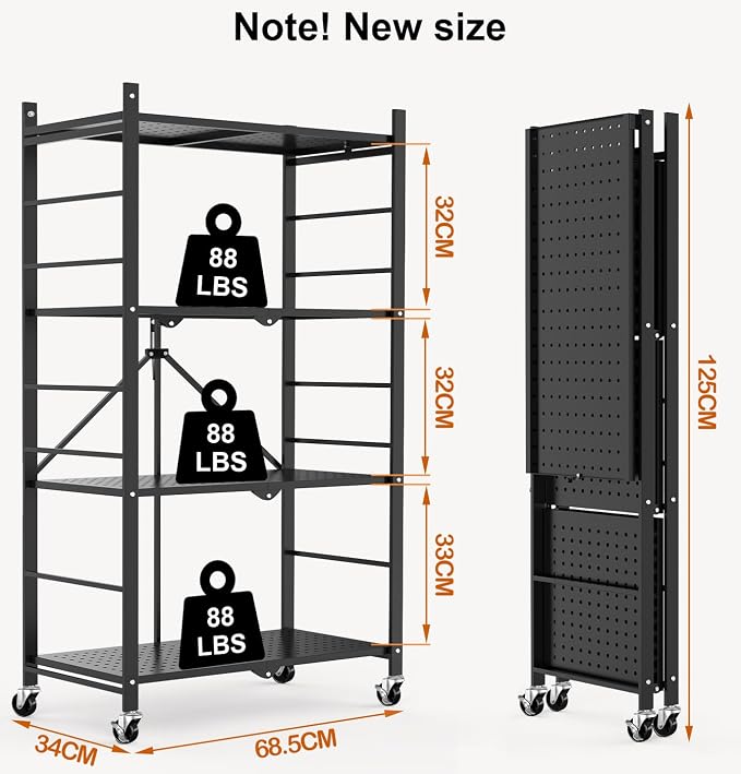 Himix 4-Tier Foldable Storage Shelf with Wheels 20 Hooks Black No Assembly | Metal collapsible organization, Folding storage rack, Wire shelving, Unit Rolling Cart, Kitchen, Garage, Holds 352 Ibs