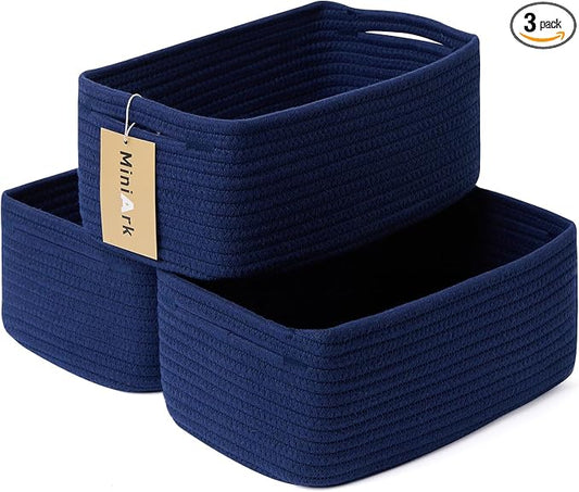 MiniArk Small Storage Baskets for Organizing | Closet Organizer Bins | Shelf Toy Basket | Woven Rope Baskets | Cube Decorative Box | Shallow Basket | 13x8.5x5.1” | 3 Packs Navy Blue