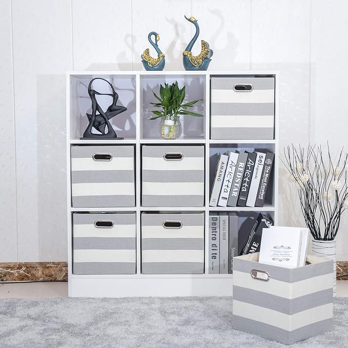 11x11 Storage Cubes Collapsible Fabric Bins Set of 4,Grey-white Striped | Fabric Storage Drawers Cubby Organizer Bins Striped Container for Organizing Home Office Wardrobe Closet Shelf