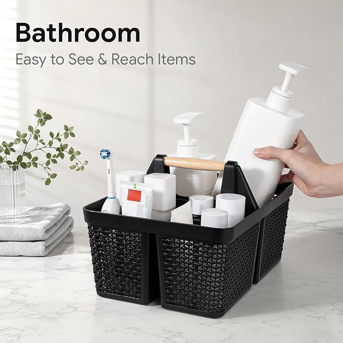 UUJOLY Portable Plastic Shower Caddy Basket with Wooden Handle, Black | Divided Storage Organizer Tote for Bathroom, Dorm, College, Kitchen & RV – Lightweight, Easy-Carry Essentials Caddy
