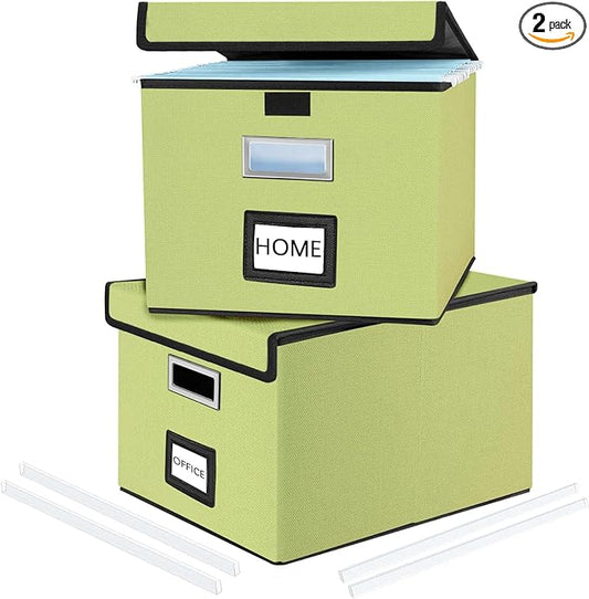 File Organizer Box with Lids, Collapsible File Folder Organizer | File Box with Plastic Slides for Document, Filing Bin for Letter Size Hanging File Folders (2 Pack, Dark Green)
