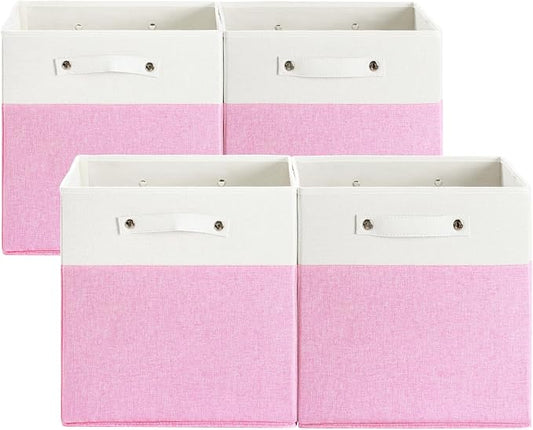 FinishingBo 13x13x13 Storage Cube Bins 4 Pack, Cube Shelf Baskets | Foldable Storage Cubes, Linen Storage Bins with Handles, Closet Organizers, White/Pink