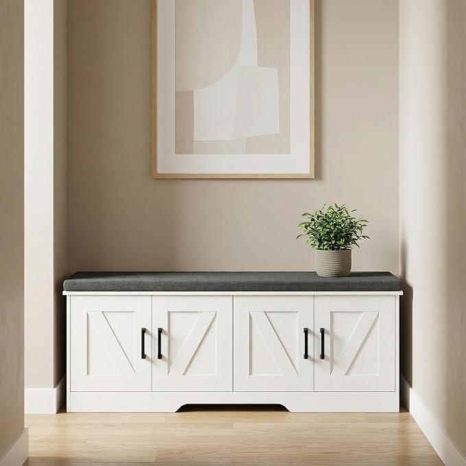 HOMSHO Farmhouse Shoe Storage Bench with 4 Barn Doors & Padded Seat Cushion | 47.2" Wide Entryway Bench with Adjustable Shelves & Hidden Storage, White