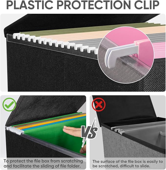 BALEINE File Organizer Box with Lid, Collapsible File Folder Organizer with Plastic Slide, Hanging File Folder Box for Office Document Storage (1 Pack, Black)