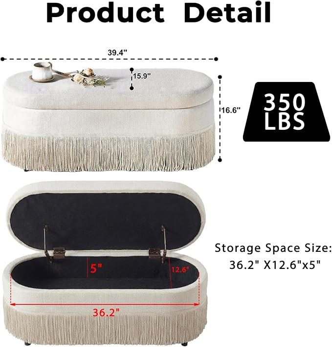 39.4“ Boho Storage Ottoman Bench with Tassels,Upholstered End of Bed Bench | Linen Oval Ottoman with Storage, Entryway Foot Rest for Bedroom, Lift-Top Lid with Safety Hinge, Living Room, Beige