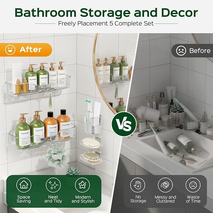 HAMITOR Adhesive Shower Caddy for Bathroom：5 Pack Clear Bath Shelves No Drilling for Modern Renters & Home Decor - Rustproof Acrylic Shower Organizer for Bathroom Storage