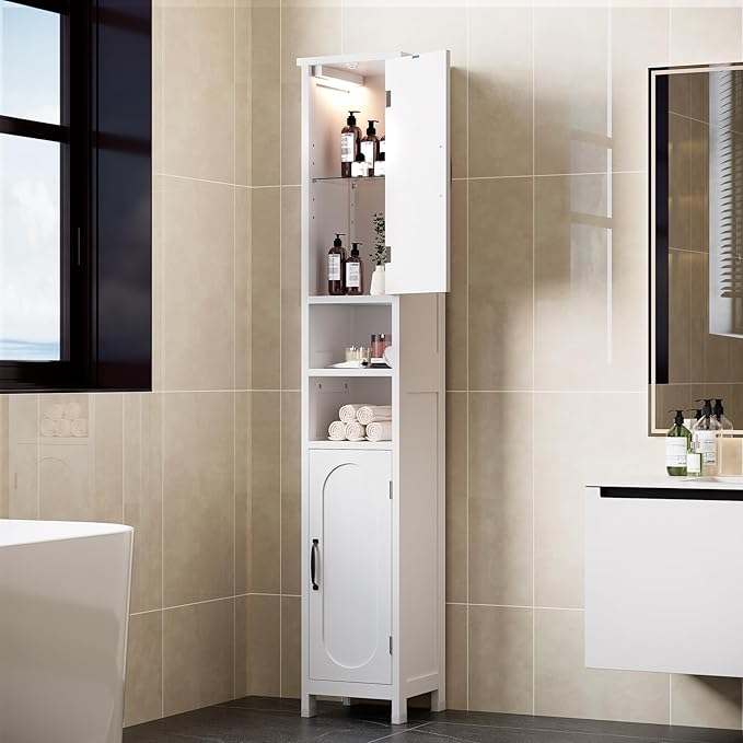 67" Tall Bathroom Storage Cabinet with Lights, Slim Narrow Bathroom Cabinet Organizer with Doors and Adjustable Shelves, Tall Cabinet for Small Space (66.9" Tall-White with Light)