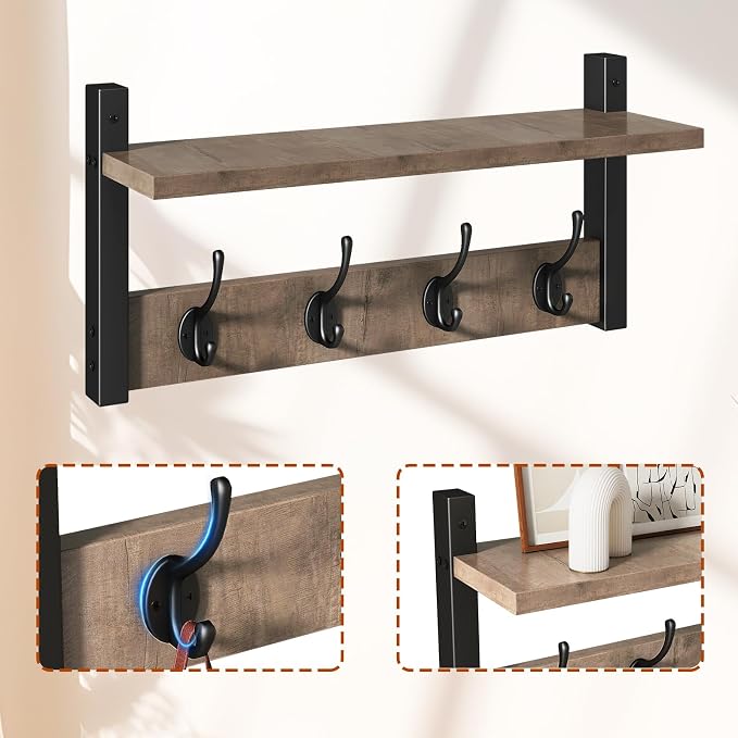 YMYNY Coat Rack Wall Mount with Shelf and Hooks, Silver Gray UHWS001Y-2 | 2 Pack Wooden Wall Mounted Coat Hanger with Shelf and 8 Double Hooks, Wall Coat Rack for Entryway Hallway Bedroom Bathroom
