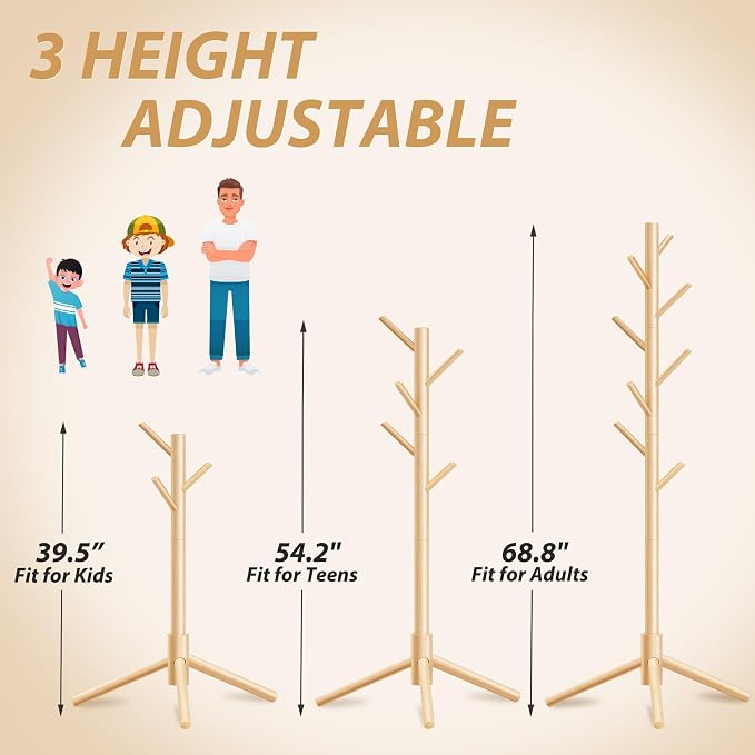 Unisakey 8-Hook Freestanding Wooden Coat Rack 3 Adjustable Heights Nature | Stable Triangular Base for Safety,Durable Construction,Simple Tool-Free Assembly,Ideal for Bedroom Hallway Office Entryway