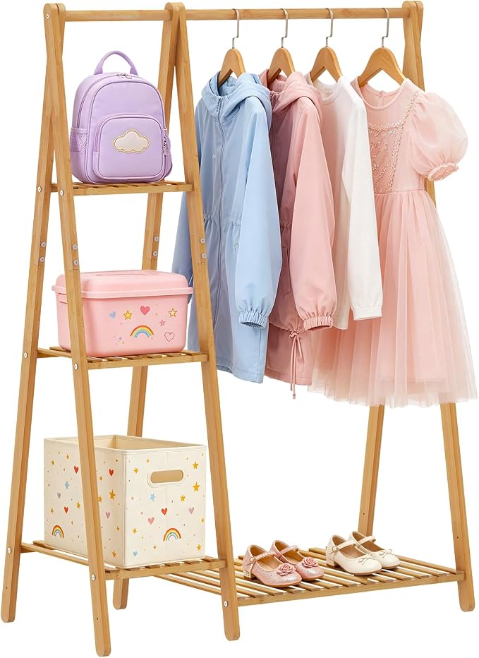 Small Clothes Racks,Kids Clothing Hanging Rack, Bamboo Garment Rack | Wood Corner Baby Chidren Toddler Nursey Clothes Hanger Rack Dress Costume Rack with 4 Shelves,Sturdy A Frame ,Portable