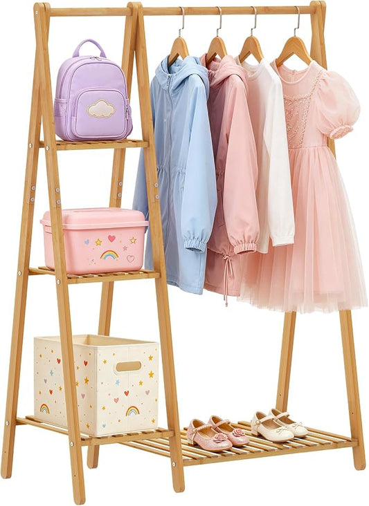 Small Clothes Racks,Kids Clothing Hanging Rack, Bamboo Garment Rack | Wood Corner Baby Chidren Toddler Nursey Clothes Hanger Rack Dress Costume Rack with 4 Shelves,Sturdy A Frame ,Portable