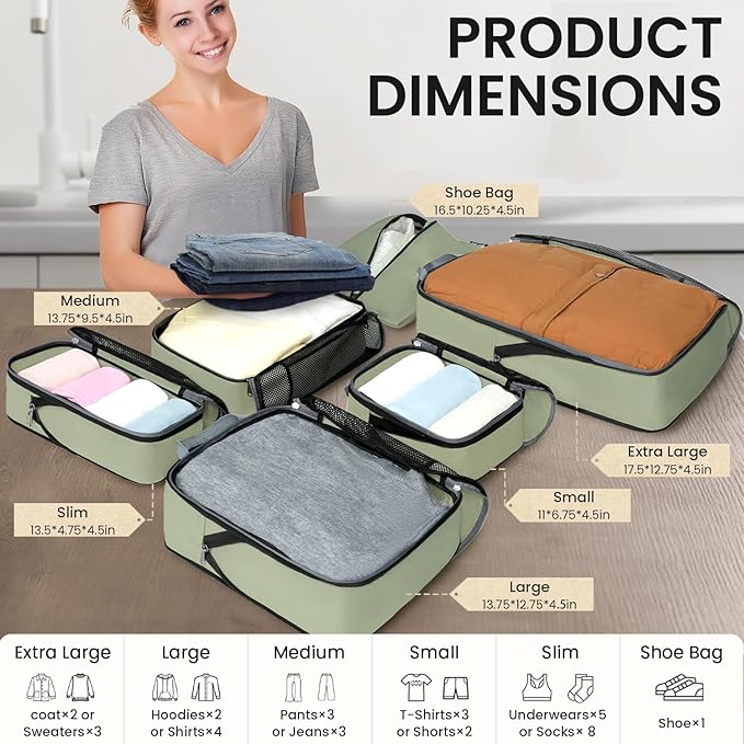 BAGAIL 4 Set/6 Set/8 Set Compression Packing Cubes Travel Accessories Expandable Packing Organizers (Half Mesh, 6-Matcha Green)