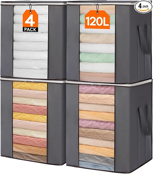 Lifewit 120L Extra Large Blanket Storage Bags, Foldable Comforter Storage with Reinforced Handles, Clothes Storage Containers for King Comforter, Bedding, Pillow, Sheet, Storage Bin with Lids 4 Pack