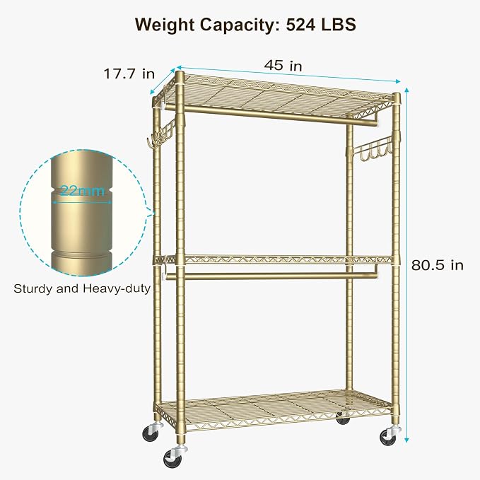 FUTASSI P1 Plus Rolling Clothes Rack, 22mm Diameter Heavy Duty Garment Rack | Clothing Rack with Wheels, Portable Closets with Shelves and Hanger Rods, 45"W x 17.7"D x 80.5"H, Load 524lbs, Gold