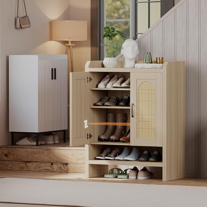 6-Tier Shoe Cabinet Storage for Entryway, Rattan Shoes Organizer Cabinets with Doors, Wooden Shoe Rack, Farmhouse Boho Wood Storage Cabinet (Oak, 6-Tier)