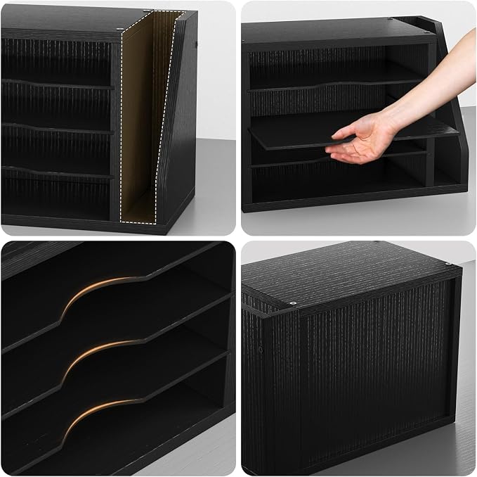 Wooden Mail Organizer, Desk Organizer with 3 Adjustable Shelves | Mail Sorter, File Organizer Desktop, Mail Holder for Home Office, Letter Sorter for Envelopes, Bills, Magazines, Black