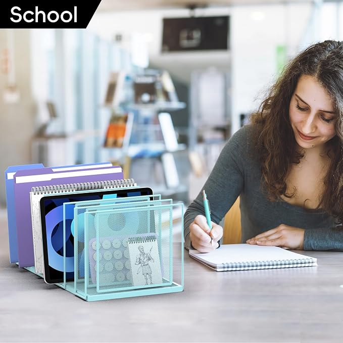 File Organizer for Desk, 7-Section Vertical File Sorter, Paper Holder Organizer Standing Metal File Folder for Office Home Classroom, Blue