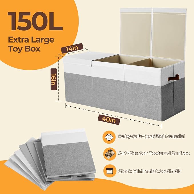 Extra Large Toy Box with Lid,Collapsible Toy Storage Chest Bin,Grey | 40"x14"x16",150L Large Capacity,Sturdy Kids Organizer,Toybox,Toy Bin for Boys & Girls,Living Room,Nursery,Bedroom,Playroom