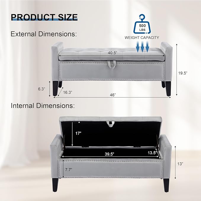 Storage Ottoman Bench, Velvet Upholstered Footstool for Bedroom and Living Room, Tufted Seat with Storage, Wooden Legs & Metal Rivets, Grey