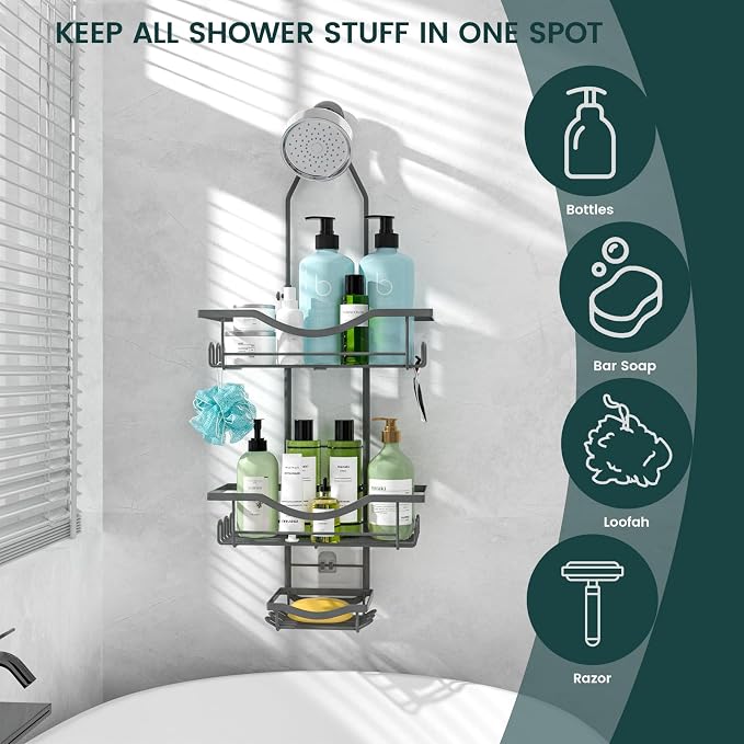 REINHARDT Shower Caddy Hanging Adjustable, Extended Length Rustproof Shower Caddy Over Shower Head with Hooks Soap Holder, Large Capacity Shower Organizer Anti-Swing Bathroom Organizer, Grey | Shower Caddy Over Showerhead, Extra Long, No Drilling, Anti...