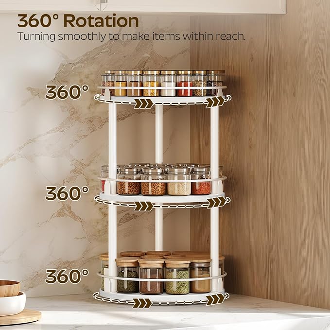 YATINEY Lazy Susan Organizer, Rotating Spice Rack, 3 Tier Spice Turntable Organizer, Industrial Turntable Spice Holder, for Kitchen Countertop and Cabinet, Compact and Versatile, White SR23WW