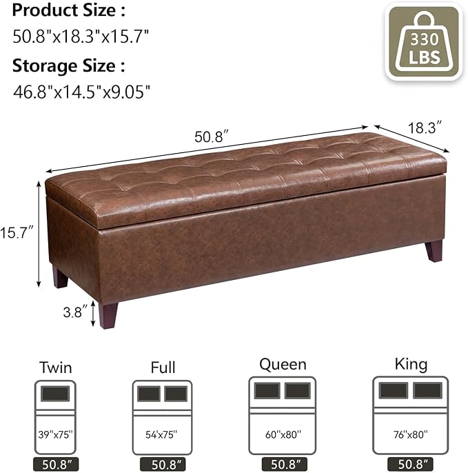 Joveco 51 Inch Storage Bench,Leather Tufted Storage Ottoman with Legs | Safety Hinges,Wooden Legs,Hidden Storage,Upholstered,End of Bed,Bedroom,Living Room,Entryway