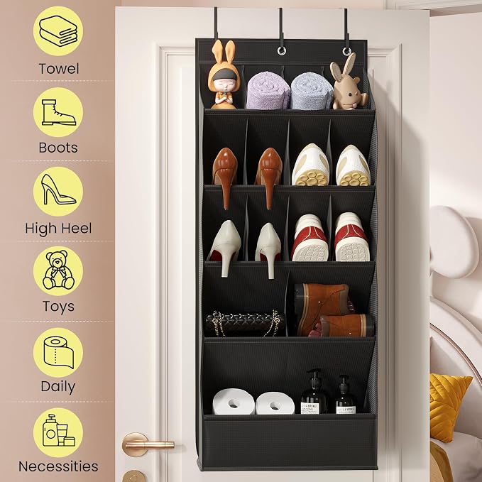 Mefirt Over the Door Shoe Rack for Closet Fit 18+ Pairs, Door Shoe Organizer with Large Breathable Pockets, Hanging Shoes Rack Fit Boots, Behind the Door Shoe Holder for Categorized Storage, Black