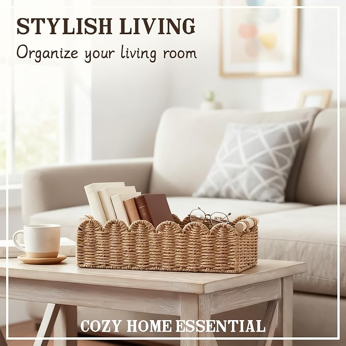Upgraded Paper Rope Scalloped Edge Toilet Paper Storage Basket, Small Living Room, Bedroom Decor Baskets for Over Toilet Storage Shelf, End Table, Shelves and More, with 2 Wooden Handle (Neutral)