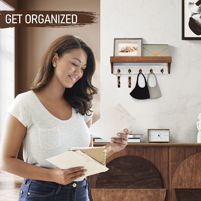 Rebee Vision Key Holder Wall Mount with Shelf for Entryway, Brown & White | 5 Retro Hooks, Two-Tone Rustic Decor, Primitive Wood Mail Organizer, Key Holder for Wall, Decorative Home Accent