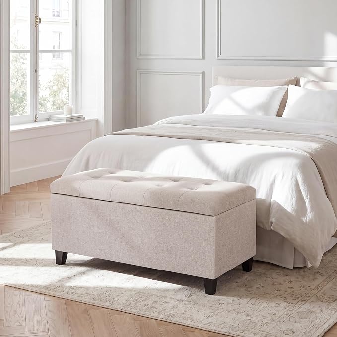 Storage Ottoman Bench, 33" Upholstered Tufted Linen Fabric Footrest Stool with Lift Top, Rectangular Storage Chest for End of Bed, Entryway, Living Room, Beige